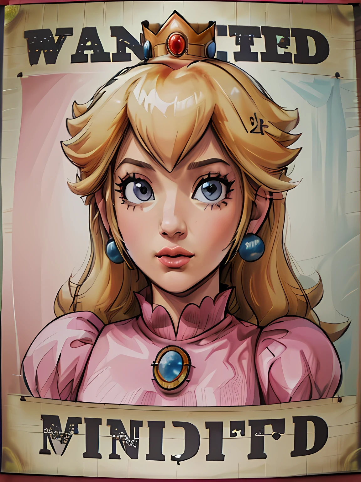 the wanted, (((Wanted poster:1.37, "Wanted" is written in large letters:1.4))), (((It says "Bounty: $1"))), Princess Peach, Fugitive Princess Peach, ((Close-up shot, Slightly dark face, Expressionless)), pink dress, brooch, puffy sleeves, lipstick, smooth skin, crowns, earrings, Blonde Hair, Highly detailed CG, Super detailed, ((masterpiece, best quality, high resolution)), Fugitive warrant