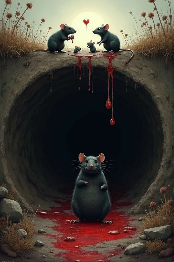 Over the ground there's blood and empty. 
Under the ground there's a rat family celebrating in a hole.