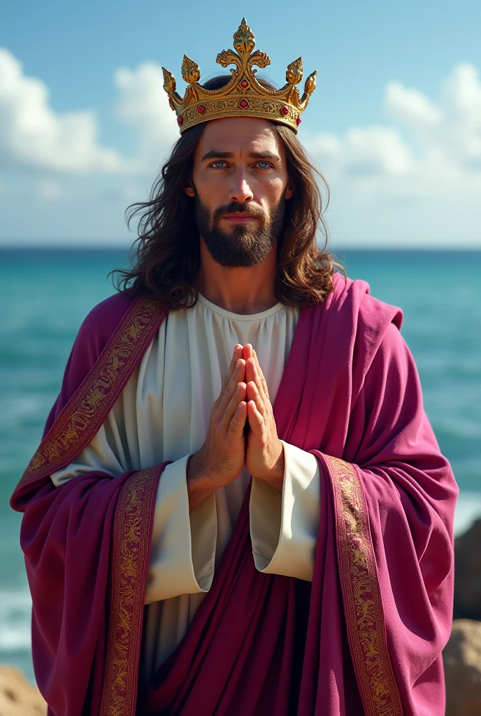 Perfect hand 5 finger, Portrait of a handsome Jesus Christ  wearing the magenta king clothes with king crown in the pacific ocean, Jesus Christ, real blue eyes, sunny day, intricate details.real Jesus Christ, straight head face, Straight body.Prayer Jesus Christ, perfect full body,  perfect hands finger,Prayer Jesus Christ, praying Jesus Christ backgrounds natural photographic