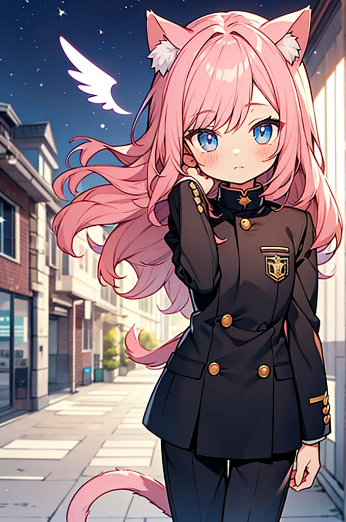 anime style,1person,kawaii shota,short small child,cat ears and tail,angel halo and wing,pink hair,long hair,wavy hair,black_men's_school_uniform (gakuran), school cap for the guard,