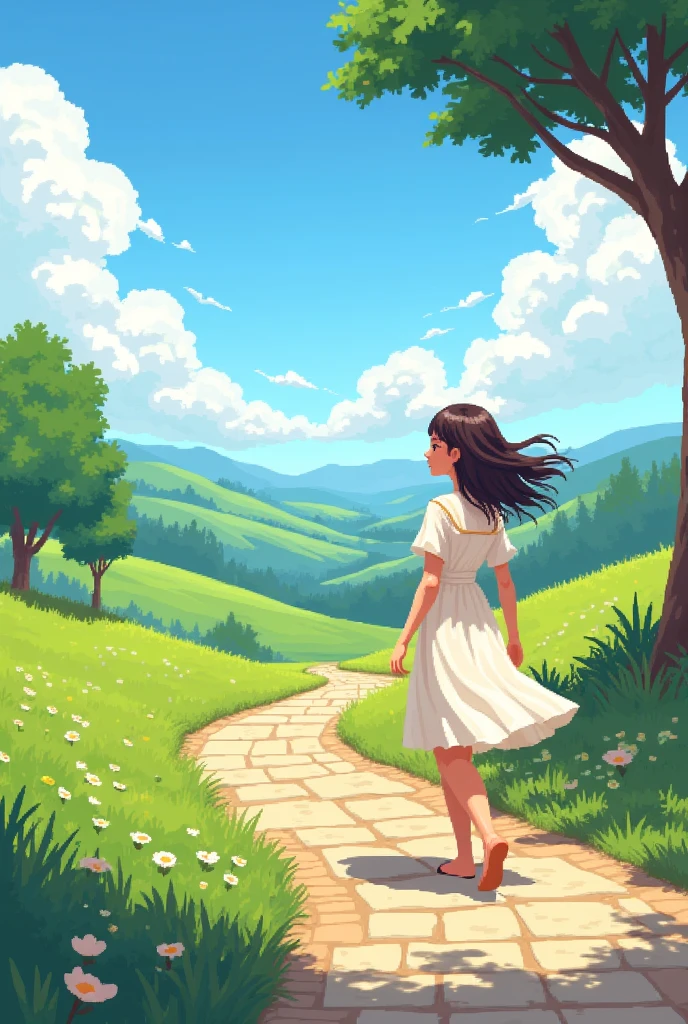 Pixel art: A young lady is taking a walk on a sunny day