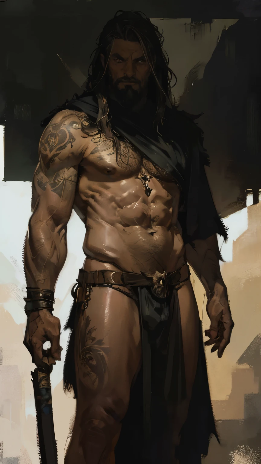 Realistic Digital Painting with Concept Art Elements"," digital painting," "concept art," "realistic," "high detail", "muscular",, "high-res", "ominous aura,", "8k resolution", "oil painting", "darker tone" , "little saturation" ,"dark feeling", "concept art" , "detailed features" , "detailed eyes" "1man" "throne made out human skulls" , "charming" ,  "attractive" , "tattooed", "amazing background" , "scruffy beard" , "barbarian" , "Wearing a loincloth" , "nude" , "detailed face"
