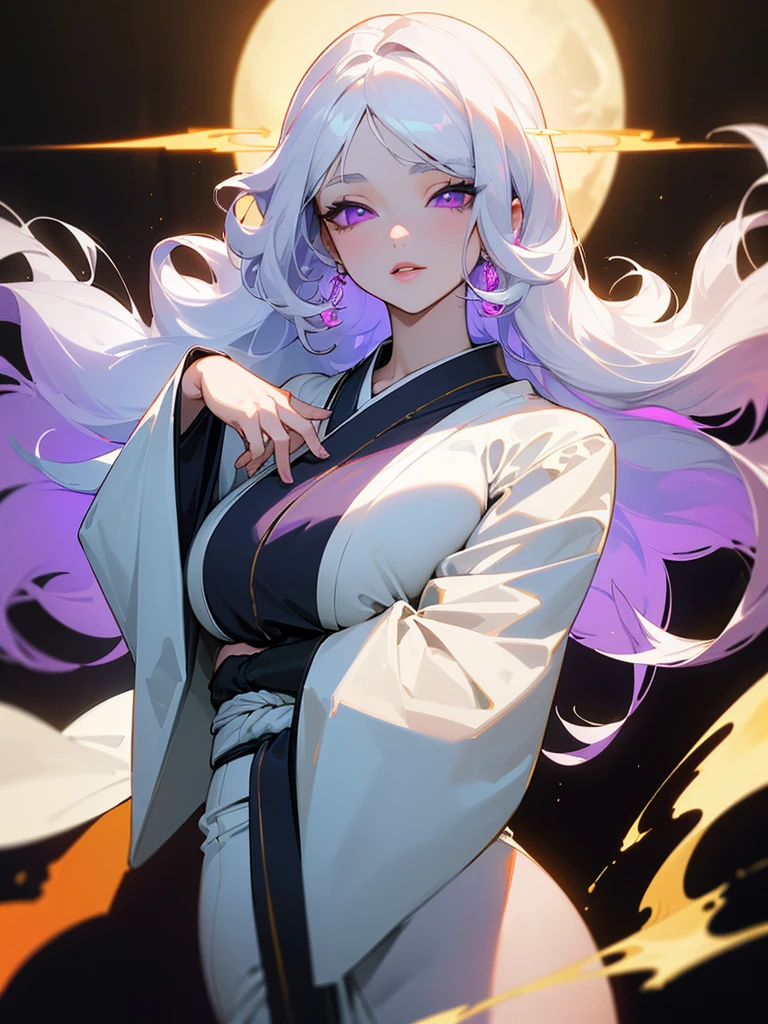 ((ultra quality)), ((masterpiece)), ((Moon and sun)), ((Water and fire)), ((Angelic beauty woman)), ((long white curly hair)), ((White hair)), ((White hair)), ((curly hair)),  (beautiful face), (beautiful female lips), Enchanting ((Seductive facial expression)), looks at the camera with a slight smile, (White skin color), (White skin), glow on the body, ((detailed eyes)), ((violet eyes)), (juicy female lips), (dark eyeliner), (beautiful female hands), ((thick body)), ideal female body, ((white kimono)), beautiful waist, beautiful big hips, big breasts, thick thighs, ((Subtle and beautiful)) (), ((depth of field)), ((high quality clear image)), (delete details), ((High detail)), ((clear focus))