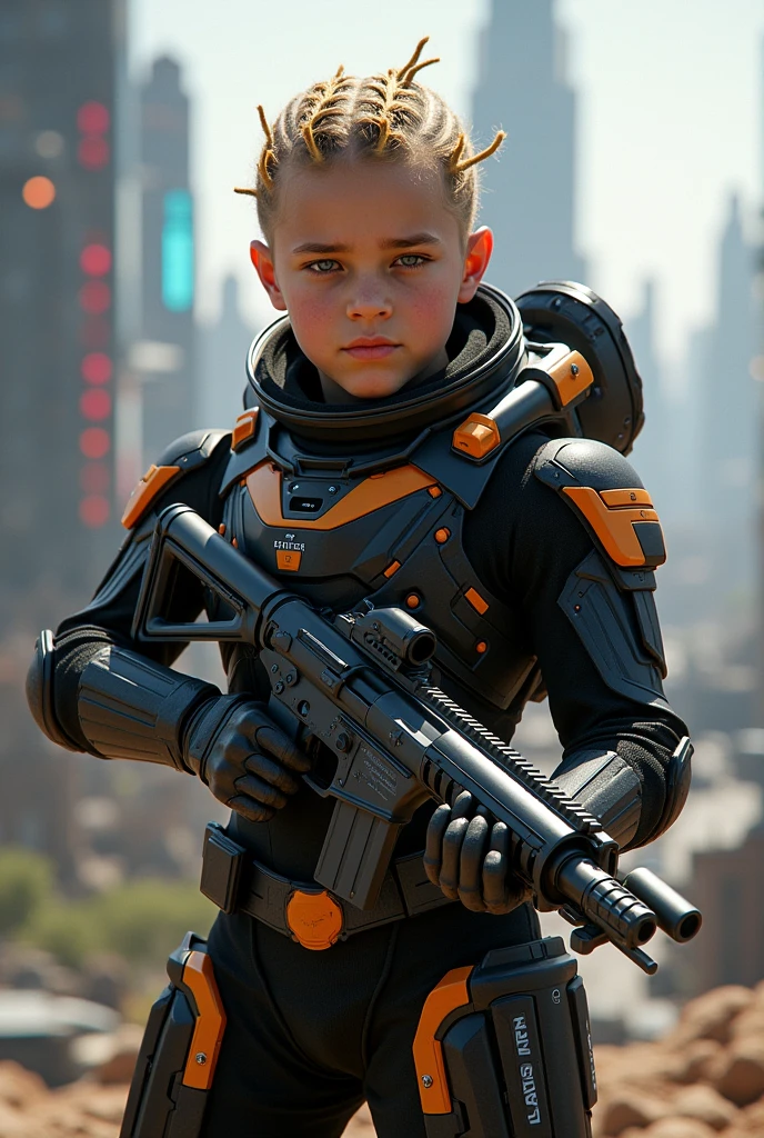 White boy at  with blonde hair in box braids wearing the black and orange armor from the game Star Citizen holding Vector sub machine gun, with futuristic city in background. Hyper realistic. Best lighting