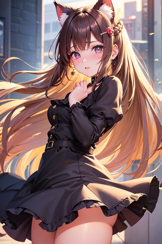 A 20 years old girl wearing a dress and cat ears, anime girl, she turns to look back, frilled pastel colored summer dress, choker, big rounds breasts, nice round ass, panties, dark brown hair, gradient bangs with red tips, french braid, bangs over shoulder, long hair, wavy hair, shiny hair, hairclip, hair flower, aqua eyes, pupils sparkling, glowing eyes, earrings, cat ears, shy, blush, nervous, puckered lips, nose blush, glossy lips, skirt lift, lifts her skirt, you can see her ass, high detail, anime, anime style, cinematic lighting, dithering, image fill, first-person view, perspective, Wide-Angle, f/1.8, 85mm, Sony FE GM, 8k, super detail, UHD, retina, masterpiece, accurate, anatomically correct, textured skin, high details, best quality, highres, 16k