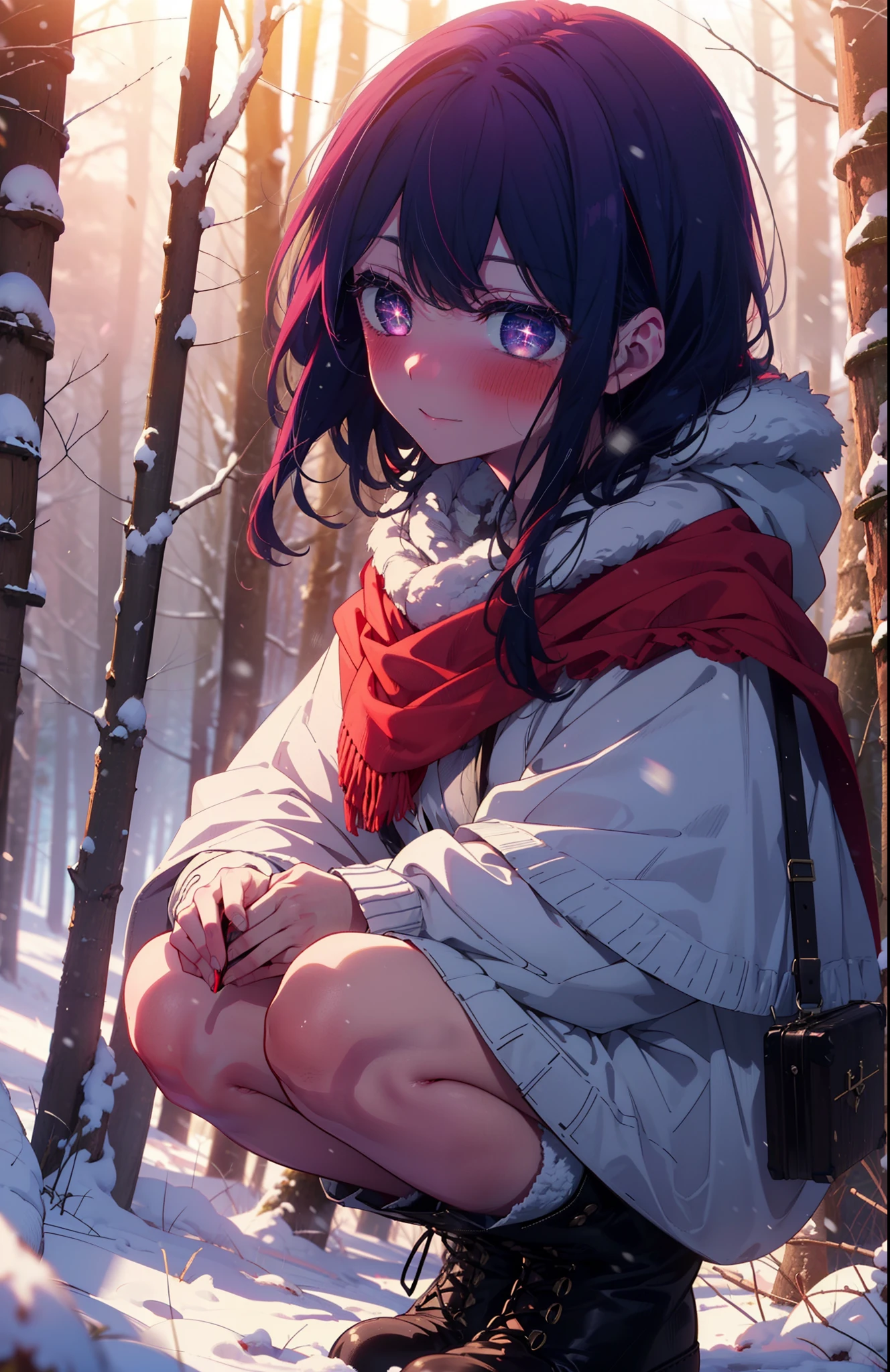 aihoshino, Ai Hoshino, Long Hair, bangs, (Purple eyes:1.1), Purple Hair, (Symbol-shaped pupil:1.5), smile,,smile,blush,white breath,
Open your mouth,snow,Ground bonfire, Outdoor, boots, snowing, From the side, wood, suitcase, Cape, Blurred, , forest, White handbag, nature,  Squat, Mouth closed, Cape, winter, Written boundary depth, Black shoes, red Cape break looking at viewer, Upper Body, whole body, break Outdoor, forest, nature, break (masterpiece:1.2), Highest quality, High resolution, unity 8k wallpaper, (shape:0.8), (Beautiful and beautiful eyes:1.6), Highly detailed face, Perfect lighting, Highly detailed CG, (Perfect hands, Perfect Anatomy),