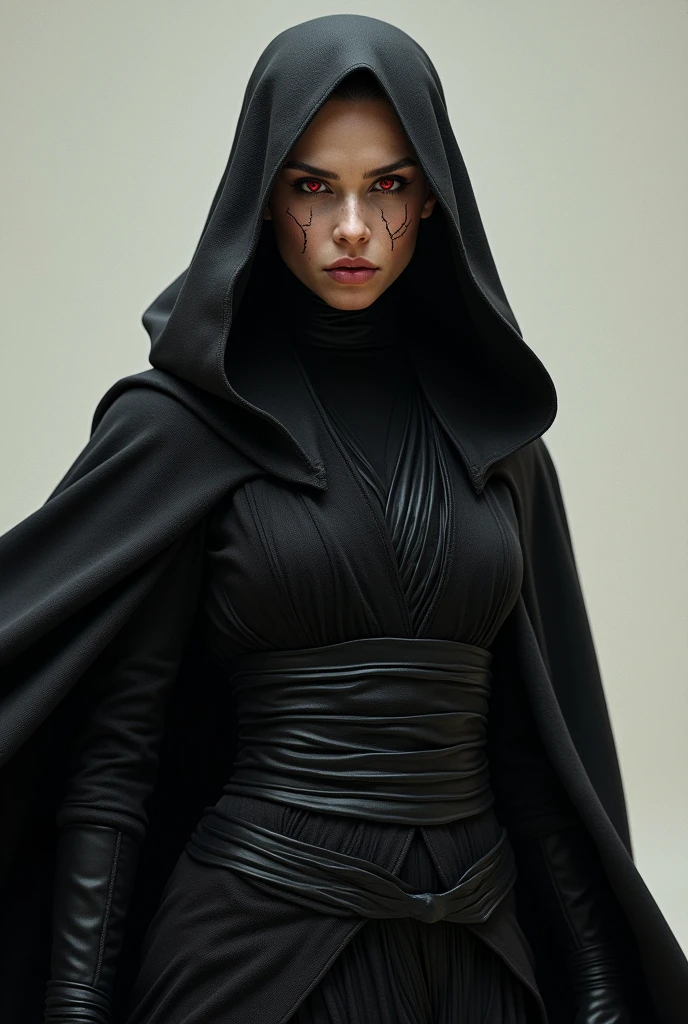 Female sith, buzzcut, black robe, standing, frontal, facial scars, red eyes, black hood