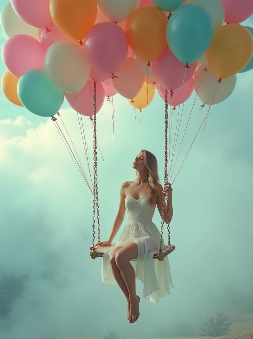 a woman sitting on a swing surrounded by balloons, a colorized photo, magical realism, feminine in pastel shades, floating in mist, glamorous composition, riding in the sky