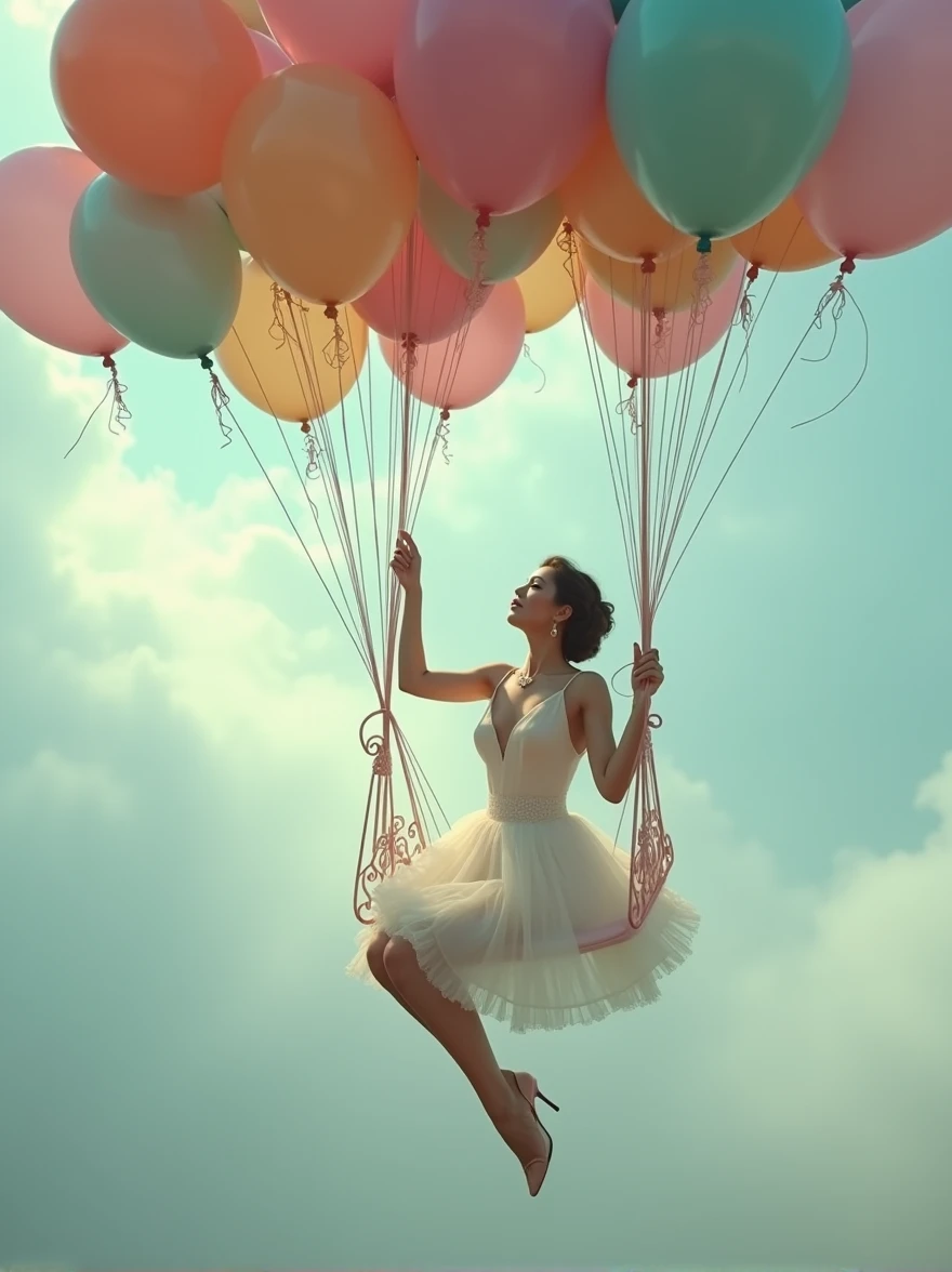 a woman sitting on a swing surrounded by balloons, a colorized photo, magical realism, feminine in pastel shades, floating in mist, glamorous composition, riding in the sky