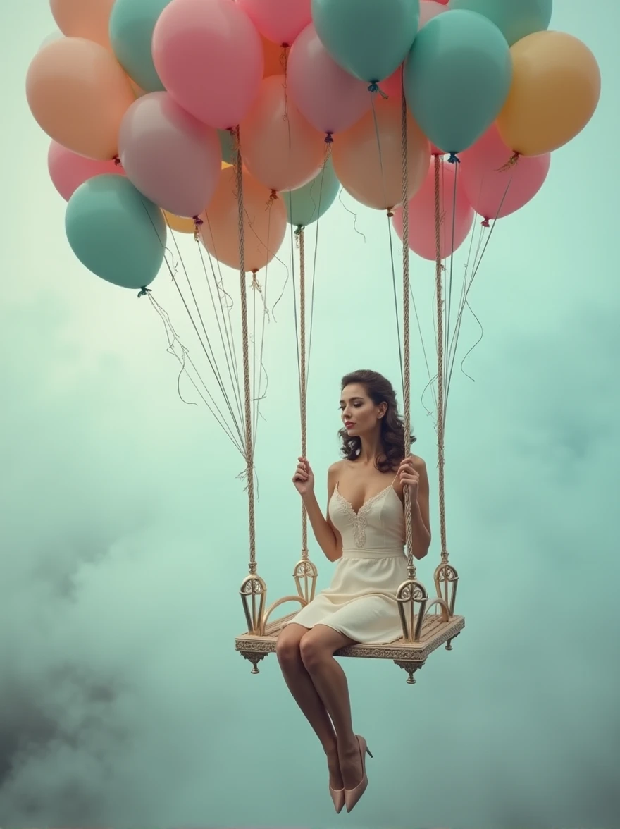 a woman sitting on a swing surrounded by balloons, a colorized photo, magical realism, feminine in pastel shades, floating in mist, glamorous composition, riding in the sky