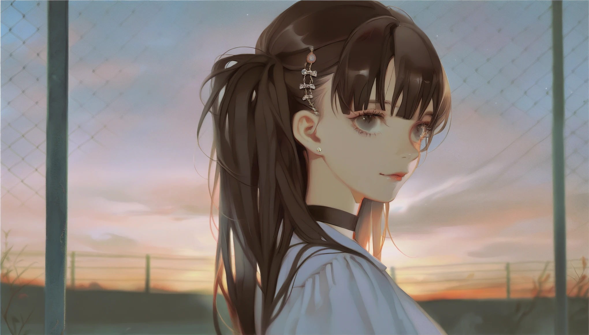 detailed anime painting, realistic, dramatic lighting, depth of field, by yogisya, by ask, h3l3n, 1girl, hime cut black hair, grey eyes, neutral expresion, long sleeves, medium breasts, school outfit, smile, solo, upper body, white shirt, outdoors looking away black choker, chain-link fence, thighhighs, chromatic aberration aesthetic, beautiful color, (amazing quality:1.5),
