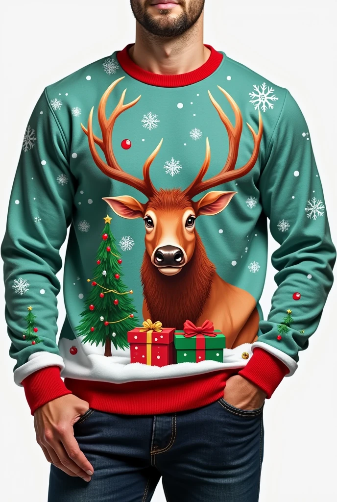 Vivid and cute elk pattern,Can be a whole elk or just the head,This cute character is instantly recognizable。Add Christmas elements to sweatshirts,Like snowflakes、gift box、Christmas tree, etc.,Complements the elk pattern。Use Christmas,red、green,It creates a strong festive atmosphere。Crewneck sweatshirt,Pattern layout: The pattern can be placed on the chest、Back or full print,Choose the right layout based on your design needs and style。