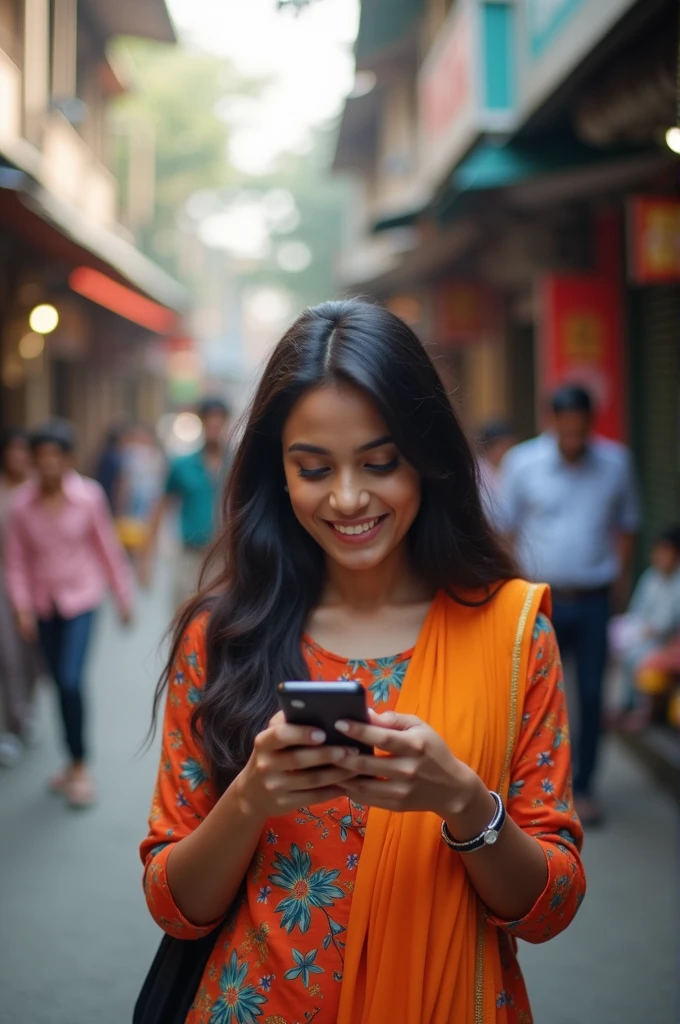 bangladeshi girl age 25-30 lookimg at her phone with joy in dayligjt streets