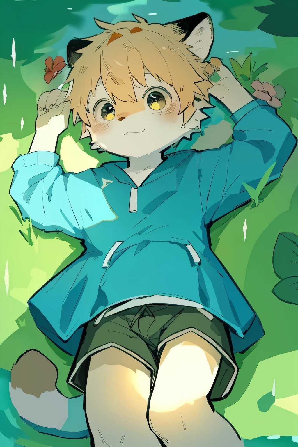 Masterpiece, Best quality, Perfect anatomy, Watery eyes, author:Milk Tiger 1145, author:K0bit0wani, Furry, coyote, (Phyllis:0.3), muscular male, 独奏, wears, baggy clothes, wet fur, (Translucent raincoat:1.1), (holding flower:1.1), Lying, bird's eyes view, grass, rain, water, Rained,((Boy,shota)),boy,Pino Deheny, Carney announced, milkytiger1145, Dagasi, Yes,