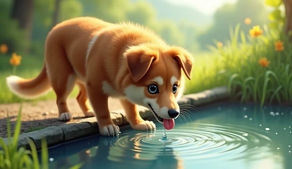 Generate a picture of a dog drinking water