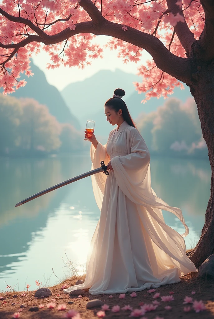 Li Bai,Dressed in white,Under the peach tree,Riverside,drinking alcohol,Sword Dance,Sad atmosphere,8K Ultra HD,Movie storyboard,Photographic quality