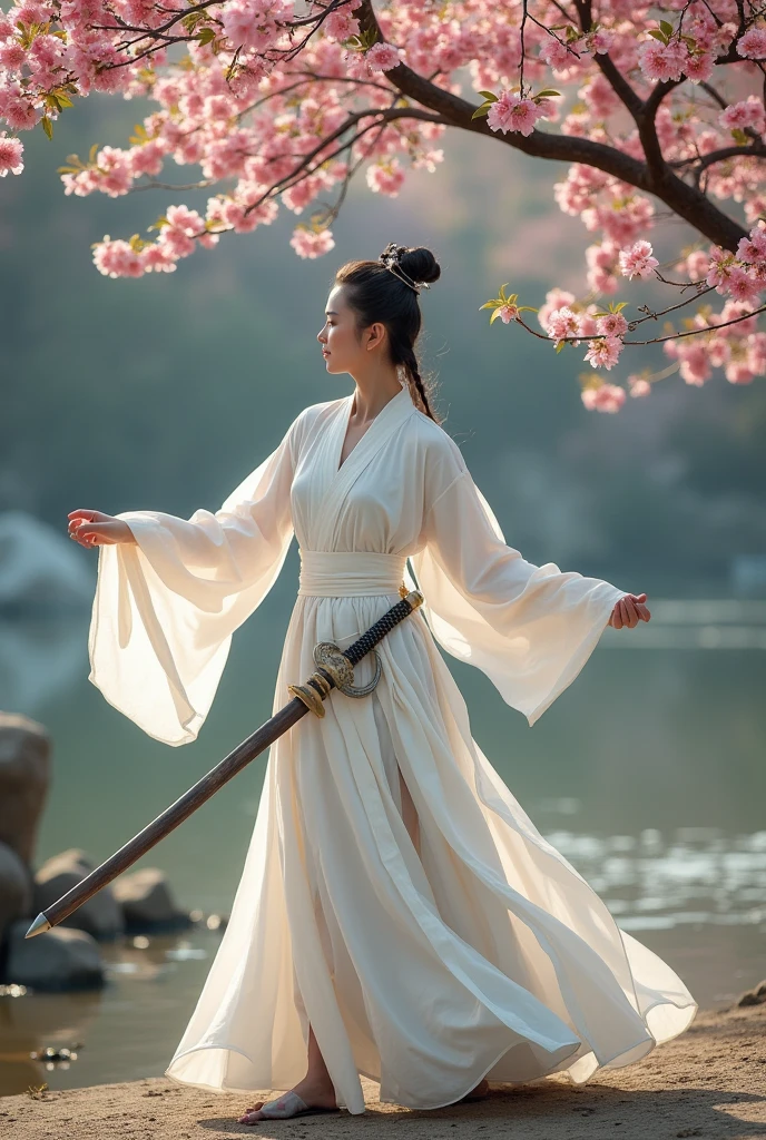 Li Bai,Dressed in white,Under the peach tree,Riverside,drinking alcohol,Sword Dance,Sad atmosphere,8K Ultra HD,Movie storyboard,Photographic quality