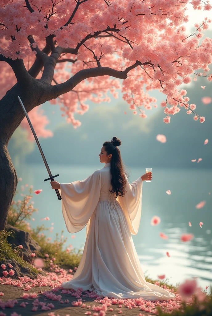 Li Bai,Dressed in white,Under the peach tree,Riverside,drinking alcohol,Sword Dance,Sad atmosphere,8K Ultra HD,Movie storyboard,Photographic quality