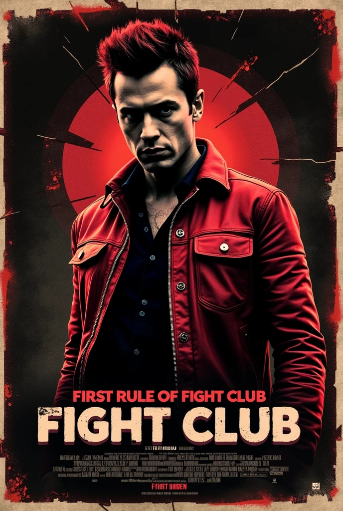 Create a cinematic poster inspired by Fight Club. The central figure should be Tyler Durden, with a confident, rebellious expression, wearing his iconic red leather jacket. He should be positioned off-center, with a focus on his intense gaze.The background should be dark and gritty, featuring grunge textures, broken concrete, or abstract, chaotic elements that reflect the movie's themes. Use a color scheme of deep reds, blacks, and dark browns, with hints of neon or stark white accents.At the bottom of the poster, include the text "FIRST RULE OF FIGHT CLUB IS YOU DO NOT TALK ABOUT FIGHT CLUB" in large, bold, distressed letters, using a grungy or bold sans-serif font. The text should have a cinematic style, with slight shadow or glow effects, blending seamlessly with the background.