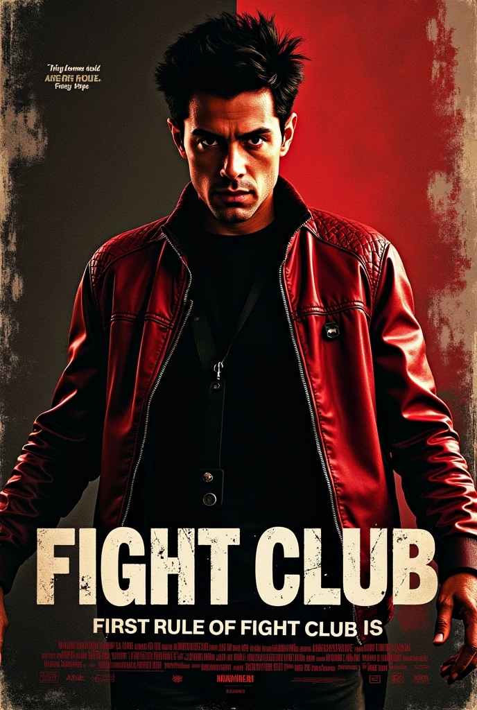 Create a cinematic poster inspired by Fight Club. The central figure should be Tyler Durden, with a confident, rebellious expression, wearing his iconic red leather jacket. He should be positioned off-center, with a focus on his intense gaze.The background should be dark and gritty, featuring grunge textures, broken concrete, or abstract, chaotic elements that reflect the movie's themes. Use a color scheme of deep reds, blacks, and dark browns, with hints of neon or stark white accents.At the bottom of the poster, include the text "FIRST RULE OF FIGHT CLUB IS YOU DO NOT TALK ABOUT FIGHT CLUB" in large, bold, distressed letters, using a grungy or bold sans-serif font. The text should have a cinematic style, with slight shadow or glow effects, blending seamlessly with the background.