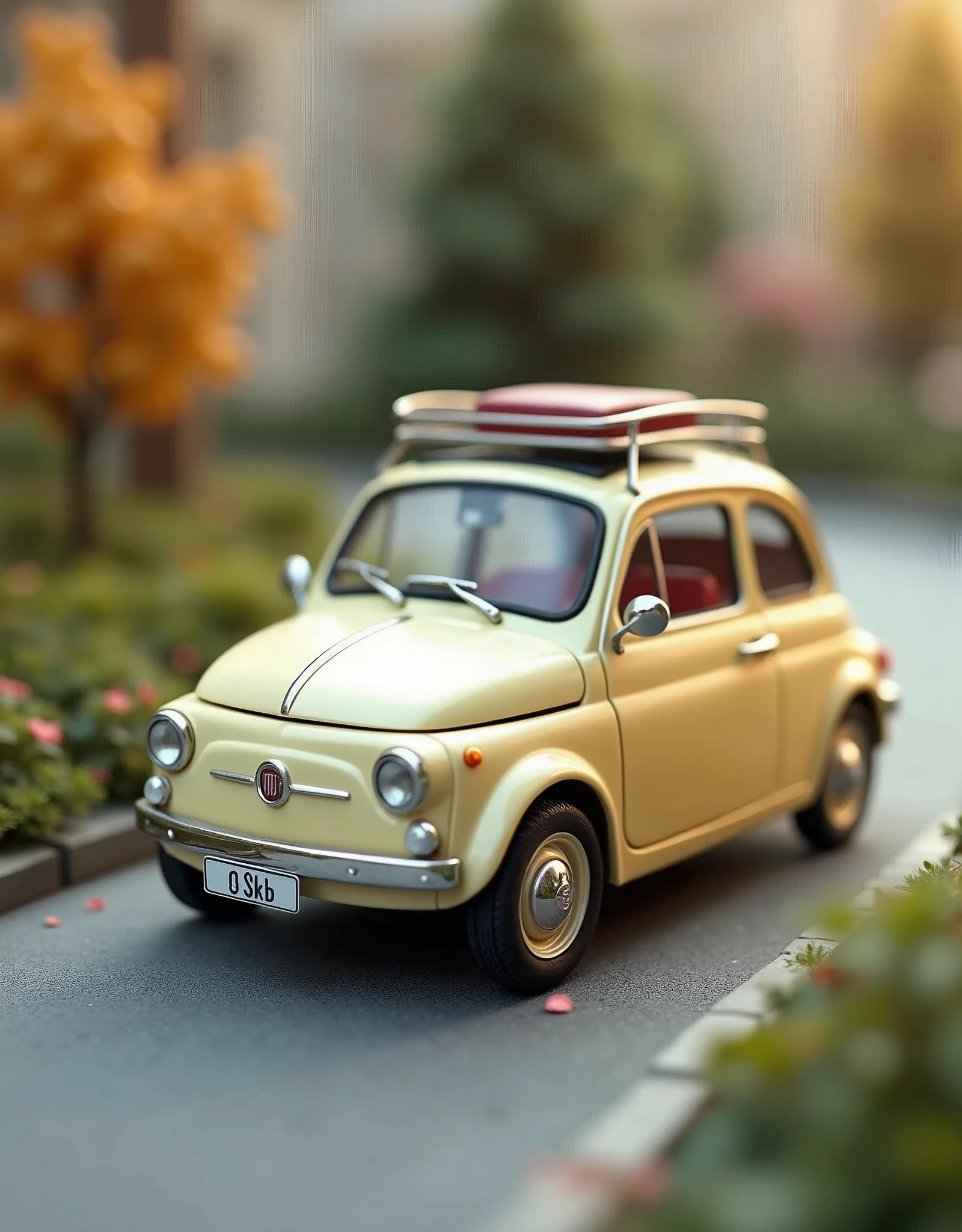 ((masterpiece,Highest quality,Highest quality)),Cream-colored Fiat 500 plastic model,Isometric 3D Diorama,Matte Paint,Gentle lighting,Showcase