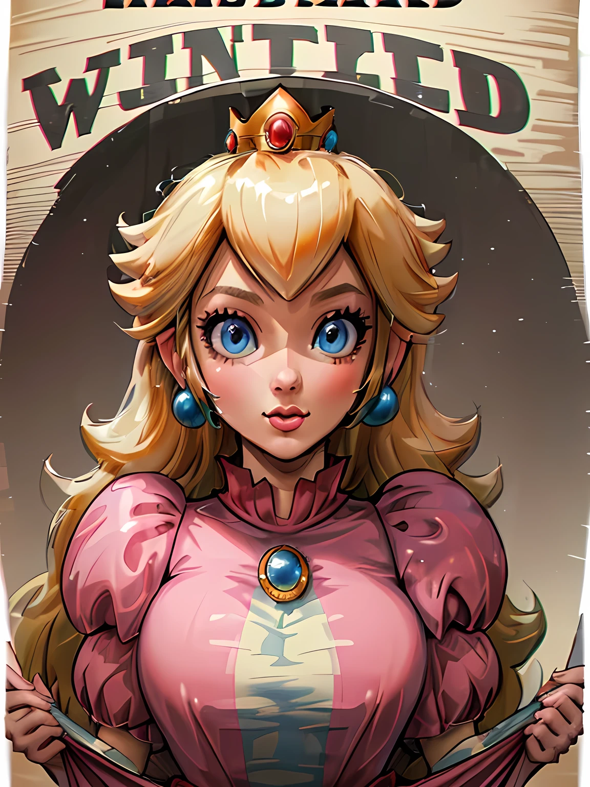 the wanted, (((Wanted poster:1.37, "Wanted" is written in large letters:1.4))), (((It says "Bounty: $1"))), Princess Peach, Fugitive Princess Peach, ((Close-up shot, Slightly dark face, Expressionless)), pink dress, (Mosaic-effect on eyes), brooch, puffy sleeves, lipstick, smooth skin, crowns, earrings, Blonde Hair, Highly detailed CG, Super detailed, ((masterpiece, best quality, high resolution)), Fugitive warrant