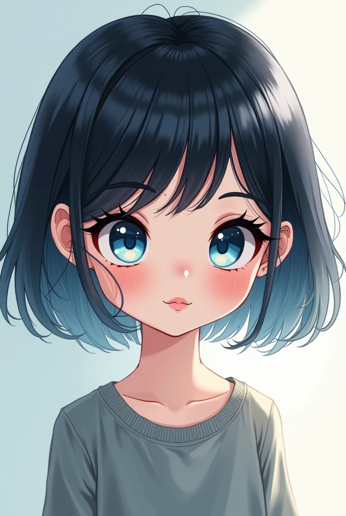 gender:Girl Eye Color:Blue Eyes Hairstyle:Bob hair color:Black hair with silver gradation color:Cool clothes:Parker style:Cute illustration

