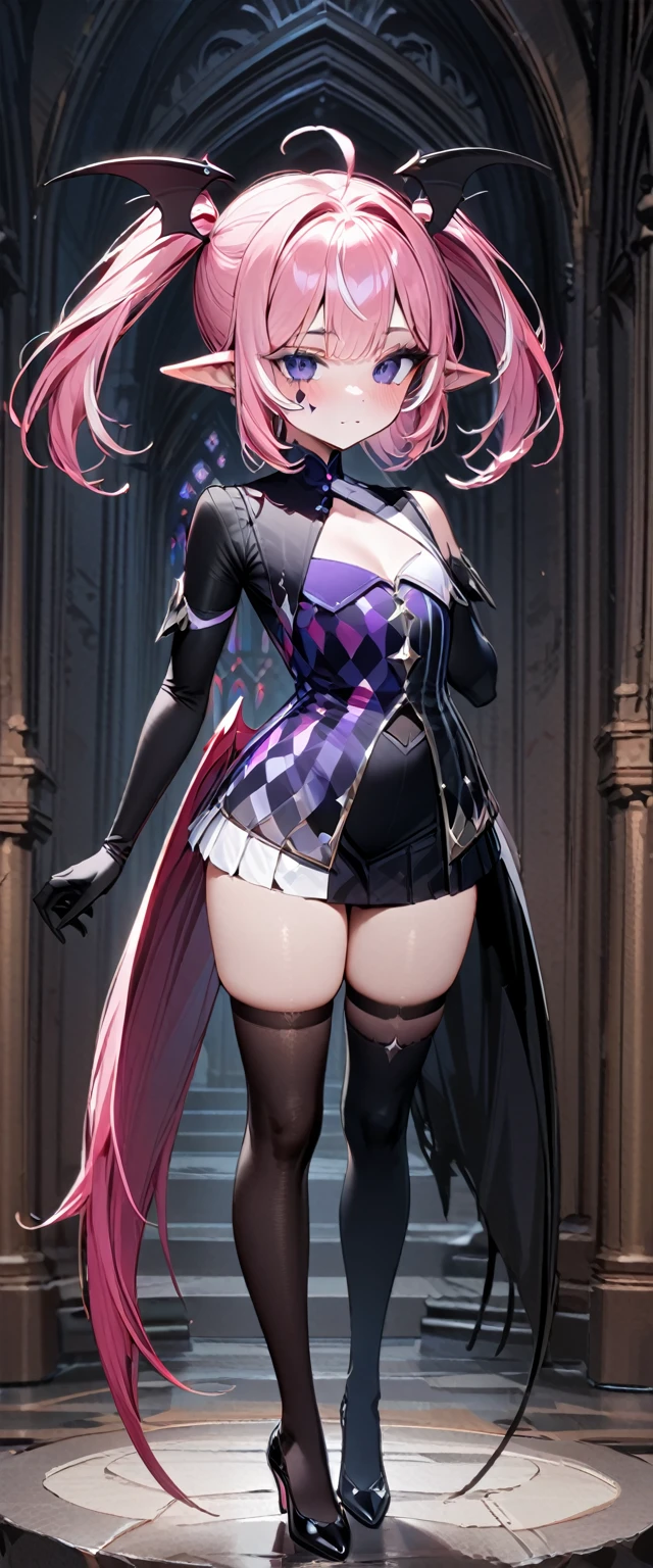 UHD, masterpiece, best quality, extremely detailed, anatomically correct, sharp focus, Midnight, Church , altar isle, 1girl, solo, camilavtuber, pink hair, short hair, shoulder length hair, (black head wings), (twin ponytail), purple eyes, facial mark, black arm sleeves, slim arms, black gloves, small chest, single back wing, long black gown, slim legs, black thighhighs, black high heels, (full body) , (close-up:1.3), innocent pose, eye-level shot, front view, innocent pose