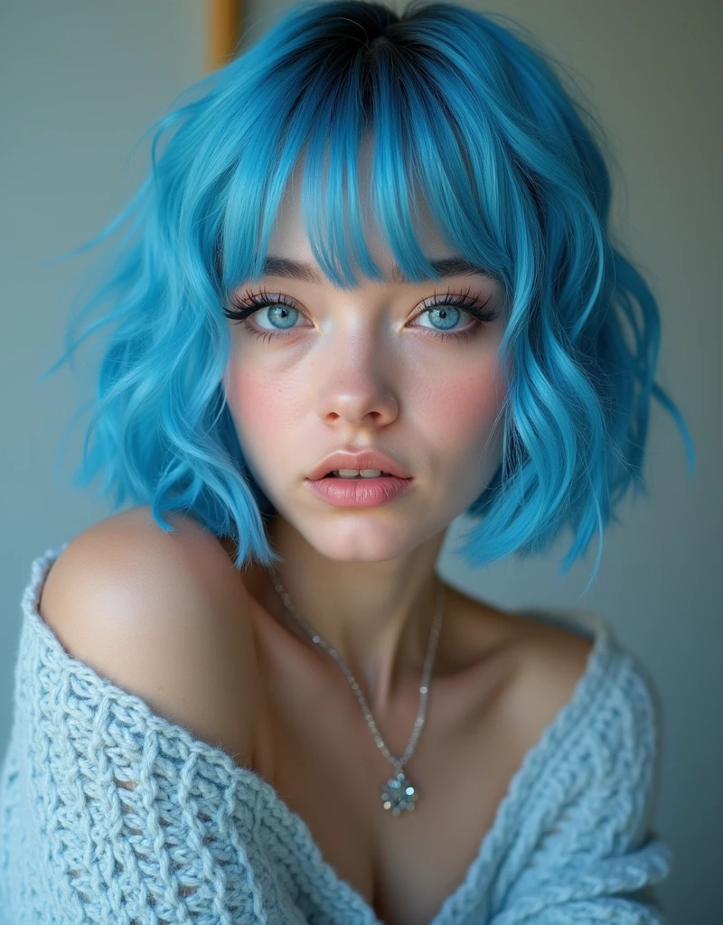 (Best quality, 8k, 32k, Masterpiece, UHD:1.2),Photo of Pretty 18 teen american woman, large breasts, very short bob hair,upper body,face focus,(oversized_sweater,:1.1) necklace, background, looking at viewer, leaning forward, (((blue hair with sliver bangs))), (((vibrant light blue eyes))) (((award winning detail)) ((avatar makeup and popstar clothes)))