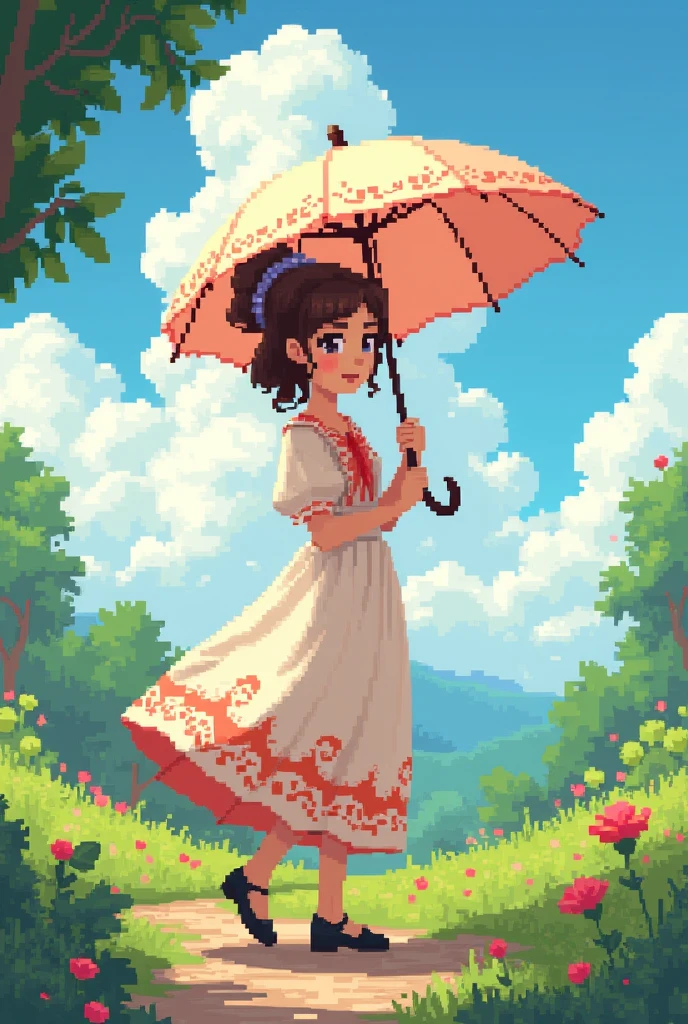 Pixel art of a young lady walking with a parasol on a sunny day
