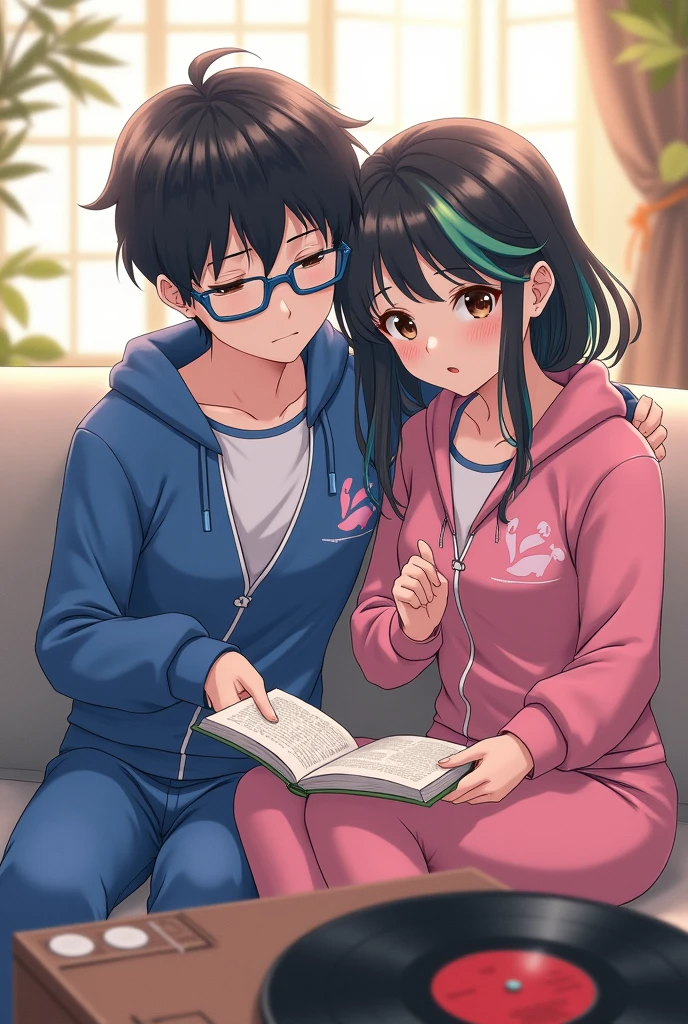 an anime couple, the boy who is listening to music, with black hair and blue frame colored glasses, and with brown eyes, in a blue Stitch suit and the girl reading next to him, with black hair and green highlights, The girl&#39;s hair is short in front and long in back, with dark brown eyes, with a pink Stitch suit, Next to them there should be a record player and a vinyl record, that the record player is seen in its entirety.

