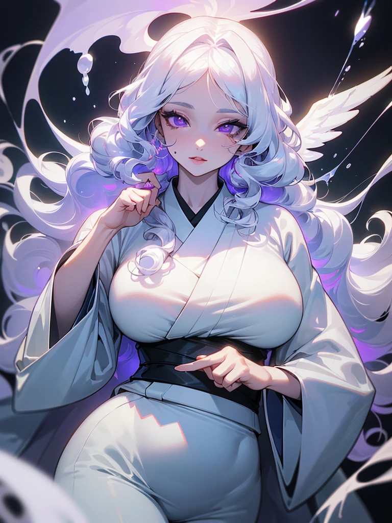 ((ultra quality)), ((masterpiece)), ((Water)), ((fire)), ((Angelic beauty woman)), ((long white curly hair)), ((White hair)), ((White hair)), ((curly hair)), (beautiful face), (beautiful female lips), Enchanting ((Seductive facial expression)), looks at the camera with a slight smile, (White skin color), (White skin), glow on the body, ((detailed eyes)), ((violet eyes)), (juicy female lips), (dark eyeliner), (beautiful female hands), ((thick body)), ideal female body, ((white kimono)), beautiful waist, beautiful big hips, big breasts, thick thighs, ((Subtle and beautiful)) (), ((depth of field)), ((high quality clear image)), (delete details), ((High detail)), ((clear focus))