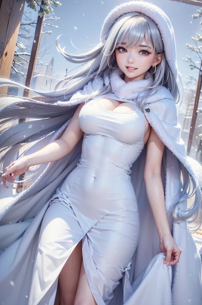 ((masterpiece:1.5、8k、Portraiture、フォトリアリスティックでVery detailedなCG、Very detailed、Particle Effects、Dynamic Effects、Shallow depth of field、Cinematic Light、Lens flare、Ray Tracing、Tabletop、Realistic:1.4、Ultra-high resolution:1.2、Realistic、Realistic))((alone、,オフショルダーのドレスの上にカシミアのcoatを着た女性:1.4、wear a long scarf、White belt、coat、Elegant woman posing、Detailed face、bright表情、young, bright, Whiter skin、small breasts、cleavage, Best Looks、Ultimate beauty、Shiny silver hair with highlights、bright and shiny hair,、Super long, Silky straight hair、Hair dancing in the wind))(morning、outdoors, winter, snow falling)