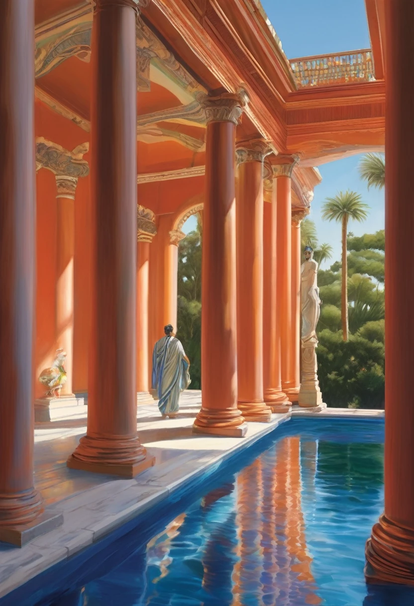 Create an image with the characteristics defined in the tag and avoid using the characteristics defined in the tag.

Show a scene where a muscular male figure, seen from behind, walks towards an open portal. The figure is wearing a reddish-orange tunic, shirtless, and is positioned at the center of a majestic corridor of intense orange-colored columns. The columns are tall and robust, with classical architectural details in the capitals and bases. The upper part of the corridor features an entablature decorated with intricate details, including a sculpted figure above the portal.

The corridor is reflected in a rectangular pool of serene, deep blue water occupying the foreground of the image. The water sharply reflects the figure and the columns, creating an effect of symmetry and depth. The sky in the background is a vibrant, clear blue with no clouds, contrasting with the structure and highlighting the scene. The lighting is natural and bright, casting soft shadows and enhancing the warm colors of the columns and the tunic. The composition should have a realistic style, with a focus on symmetry and linear perspective, creating a sense of grandeur and serenity. Do not include any other characters, modern elements, vegetation, or objects outside the context of classical architecture. Avoid overly dark or shadowed details, as well as faded or grayish colors. 