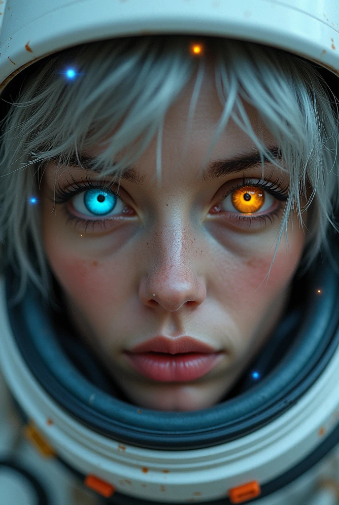 (Close-up of a better masterpiece:1.5)0.9], (Space and astronauts:1.2) (Messy silver hair:1.1) (Heterochromia xanthochromia and blue eyes:1.2) (Space Helmet:1.0) (Colored stars in the eyes:1.0) (A radiant glow:1.1) (thick lips:0.9)