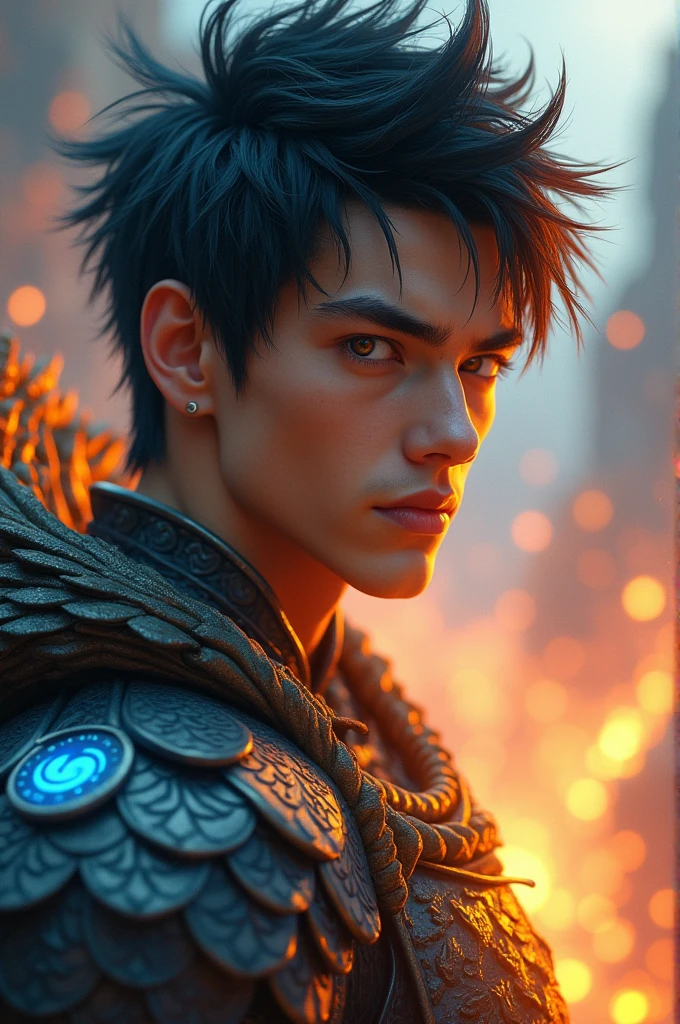 A white-skinned prince, Medium length black hair with red tips. His eyes are rounded and his color is light brown., pink lips and with a black Phoenix Dragon behind him. He will have a warrior outfit and on the chest of his outfit there will be the logo of a dragon head and a wing. The prince has American nationality