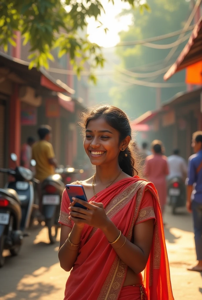 bangladeshi girl age 25-30 lookimg at her phone with joy in dayligjt streets