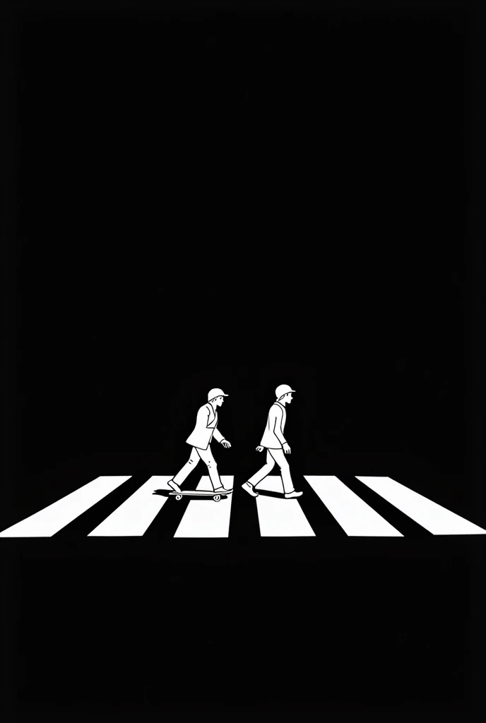 Create a rough drawing of a skateboarder walking down Abbey Road。Background Black　Line only
　色は白のLine only