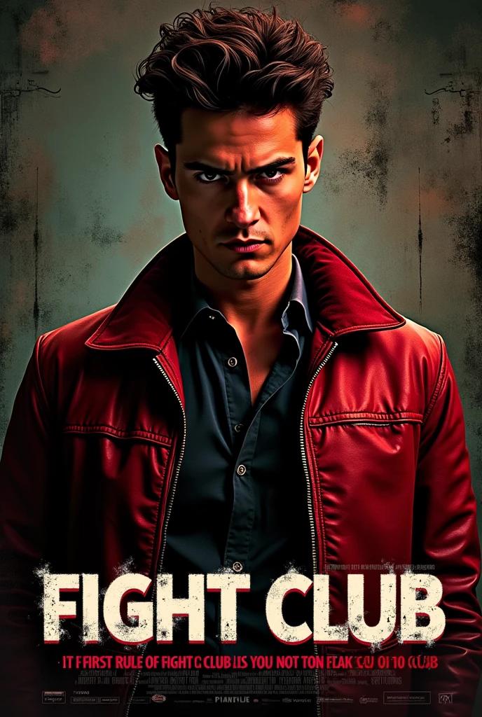 Create a cinematic poster inspired by Fight Club. The central figure should be Tyler Durden, with a confident, rebellious expression, wearing his iconic red leather jacket. He should be positioned off-center, with a focus on his intense gaze.The background should be dark and gritty, featuring grunge textures, broken concrete, or abstract, chaotic elements that reflect the movie's themes. Use a color scheme of deep reds, blacks, and dark browns, with hints of neon or stark white accents.At the bottom of the poster, include the text "FIRST RULE OF FIGHT CLUB IS YOU DO NOT TALK ABOUT FIGHT CLUB" in large, bold, distressed letters, using a grungy or bold sans-serif font. The text should have a cinematic style, with slight shadow or glow effects, blending seamlessly with the background.