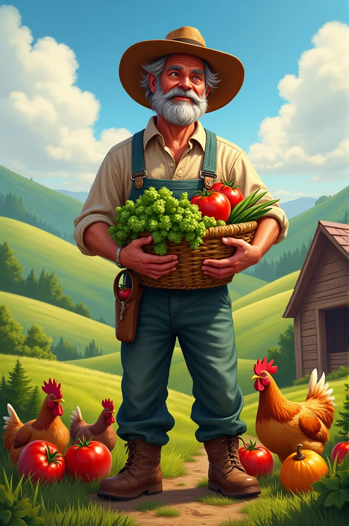 A man is standing holding his harvest with farm and chickens background 
