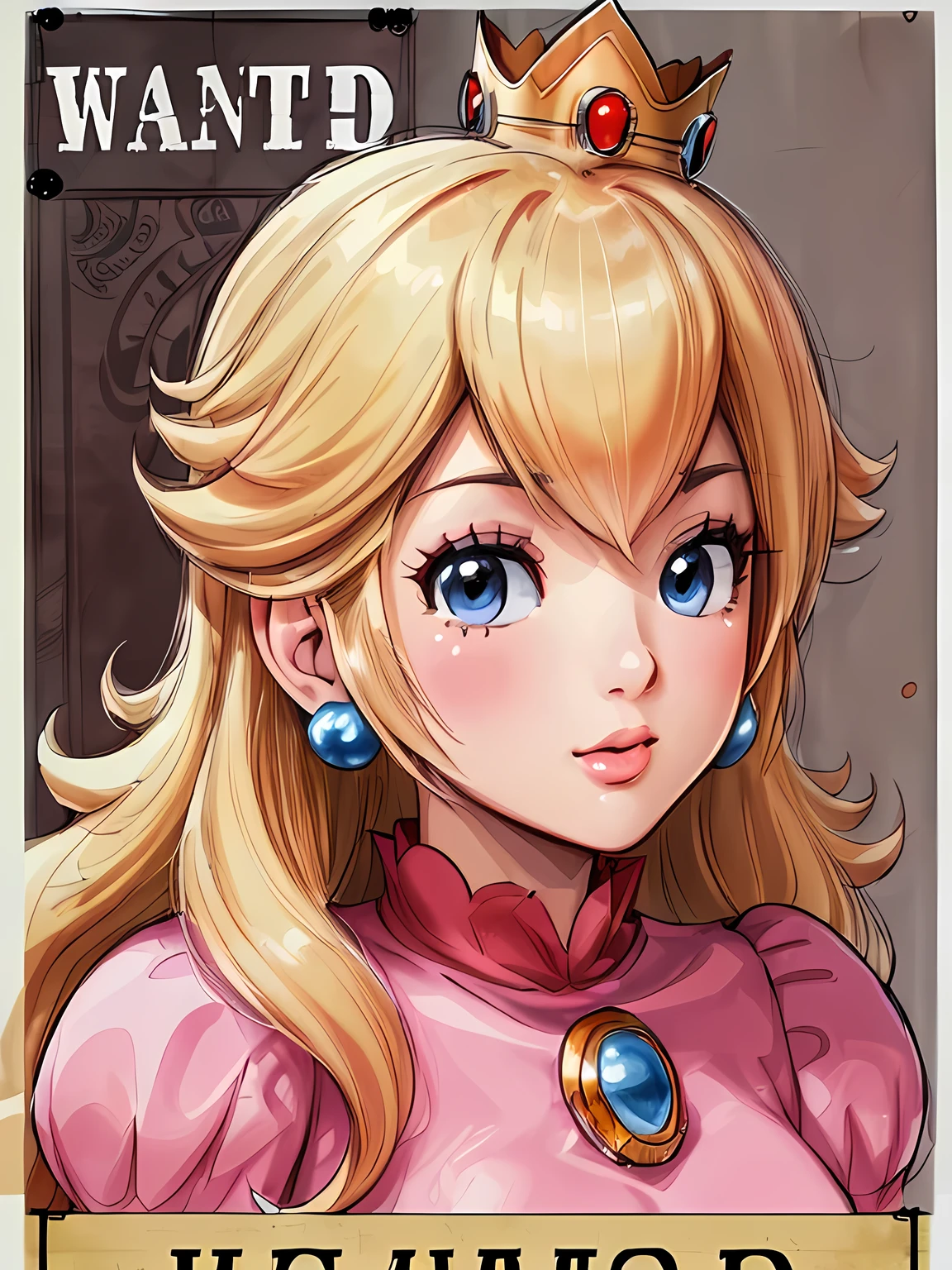 (((Wanted poster:1.37, "Wanted" is written in large letters:1.37))), Princess Peach, ((Close-up shot, Cover eyes with a narrow black rectangle:1.37, Expressionless)), pink dress, (Mosaic-effect on eyes), brooch, puffy sleeves, lipstick, smooth skin, crowns, earrings, Blonde Hair, background is the Super Mario World, Beautiful Face, Highly detailed CG, Super detailed, ((masterpiece, best quality, high resolution)), Fugitive warrant, Wanted