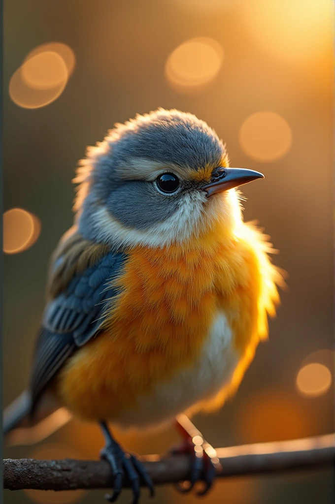 A mesmerizing close-up portrait of a gorgeous little bird illuminated by the soft, golden light of a tranquil morning, with vibrant bokeh balls gently framing its delicate form. 