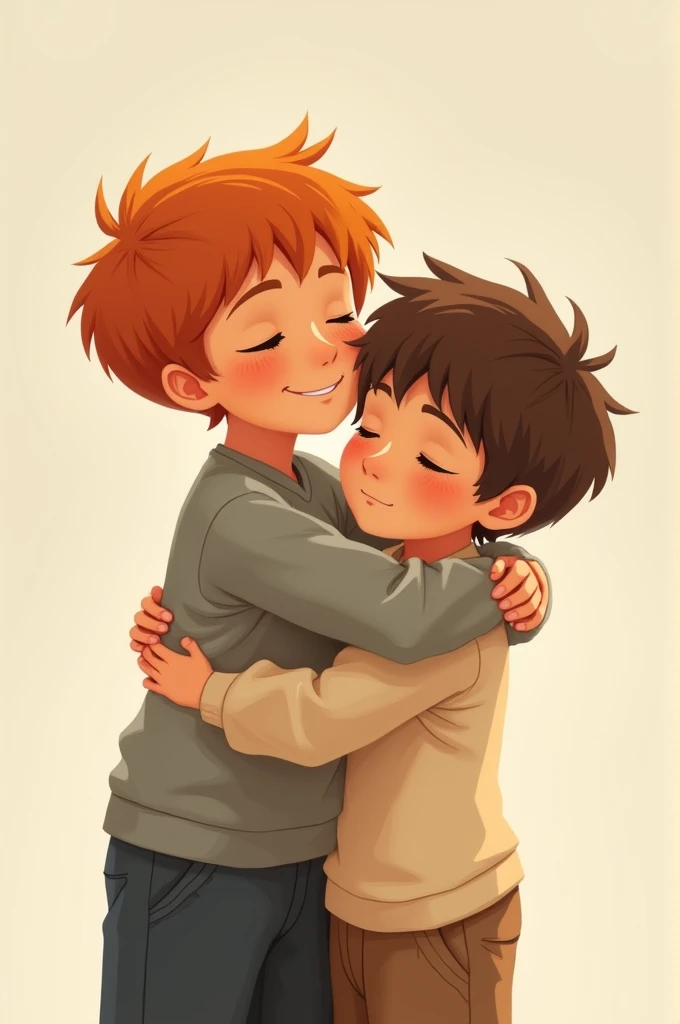 Two boys hugging, both pale-skinned, One happy orange-haired and another brown-haired with pale skin