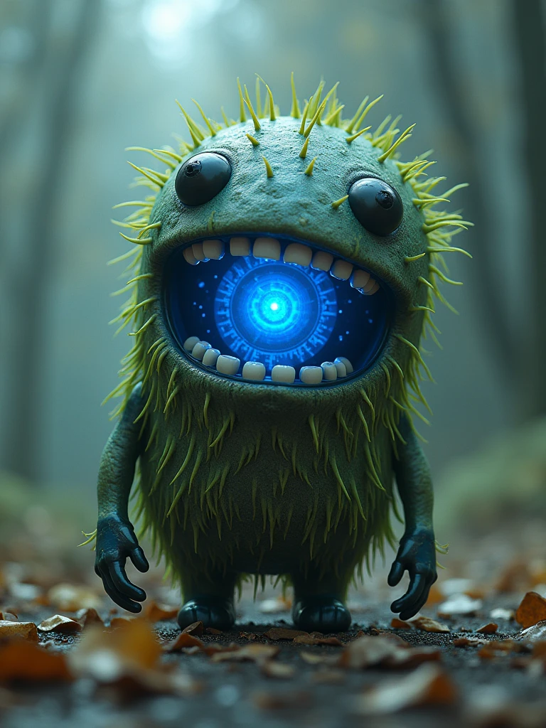 a strange creature with a blue light coming out of it's mouth, by Mike "Beeple" Winkelmann, digital art, cute robot with grass hair, minion as a darksouls boss, blurred and dreamy illustration, concept illustration