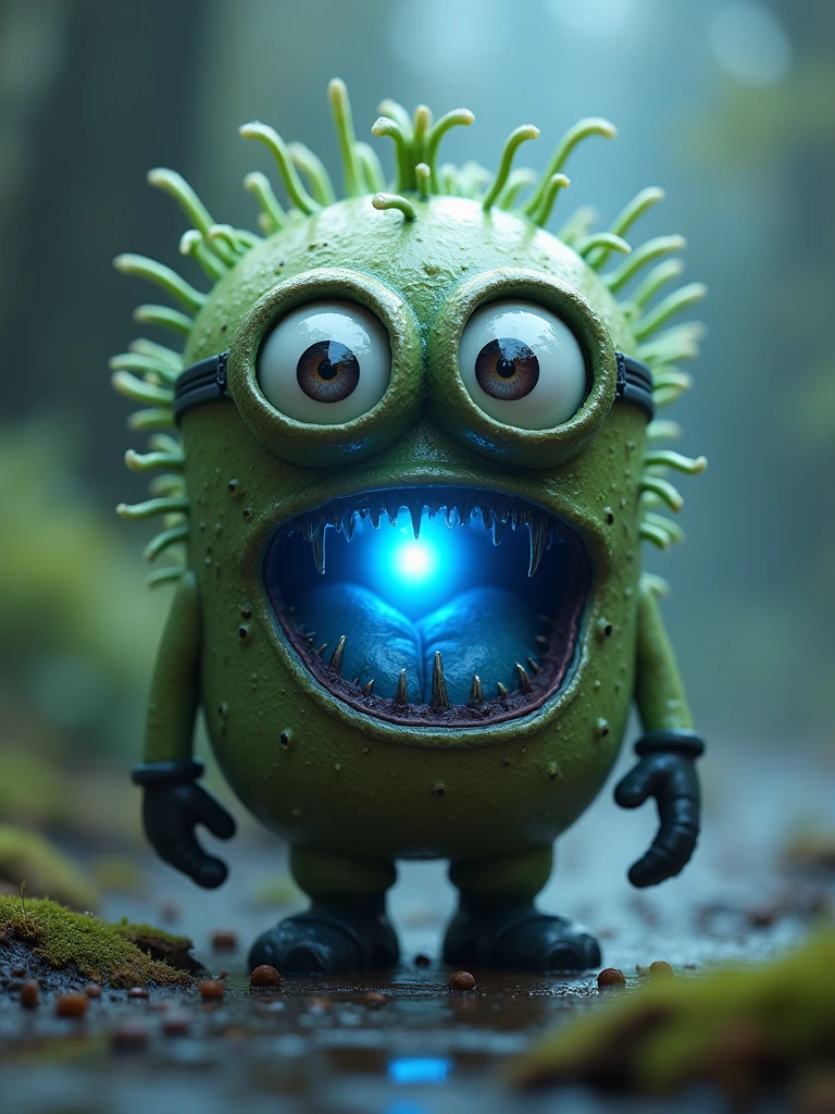 a strange creature with a blue light coming out of it's mouth, by Mike "Beeple" Winkelmann, digital art, cute robot with grass hair, minion as a darksouls boss, blurred and dreamy illustration, concept illustration