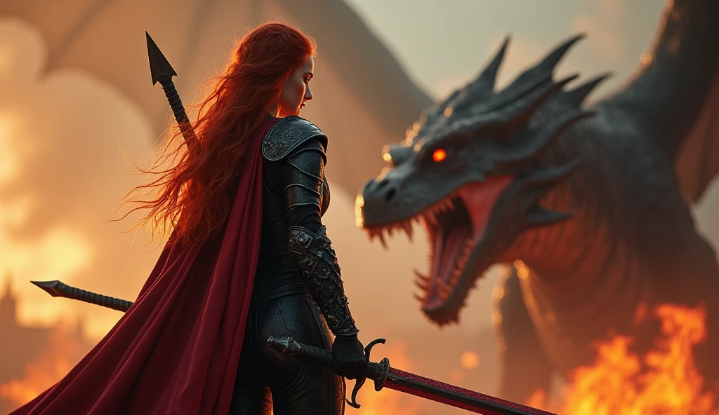 photorealistic image of a woman, ultrarealistic, photography, long red hair, woman, 24 years old, hourglass figure, perfect body, Flirty look, natural medium breasts, black metal armor, big red claymore sword on her back, fighting against a dragon (Maia:1), wide shot, cinematic shot, she is raising her sword, she is standing opposite of the dragon, the dragon is spewing fire into the air, Extreme Wide Shot (ELS)