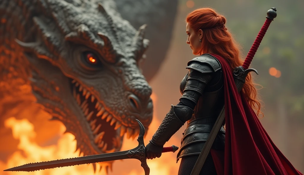 photorealistic image of a woman, ultrarealistic, photography, long red hair, woman, 24 years old, hourglass figure, perfect body, Flirty look, natural medium breasts, black metal armor, big red claymore sword on her back, fighting against a dragon (Maia:1), wide shot, cinematic shot, she is raising her sword, she is standing opposite of the dragon, the dragon is spewing fire into the air, Extreme Wide Shot (ELS)