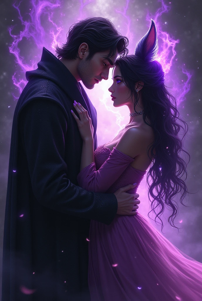 um casal, naughty man: tall black hair, eyes browns, ele e um shadowmancer suas vestes sao de um, the shadows near him come to life, Woman: Kitsune, purples eyes, She is a pyromancer, the flames near her turn purple, they are together as a couple