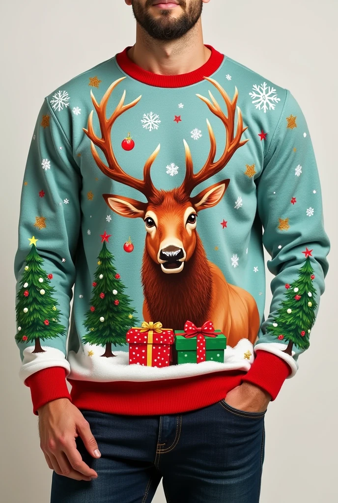 Vivid and cute elk pattern,Can be a whole elk or just the head,This cute character is instantly recognizable。Add Christmas elements to sweatshirts,Like snowflakes、gift box、Christmas tree, etc.,Complements the elk pattern。Red and green,It creates a strong festive atmosphere。Crewneck sweatshirt,Pattern layout: The pattern can be placed on the chest,Choose the right layout based on your design needs and style。