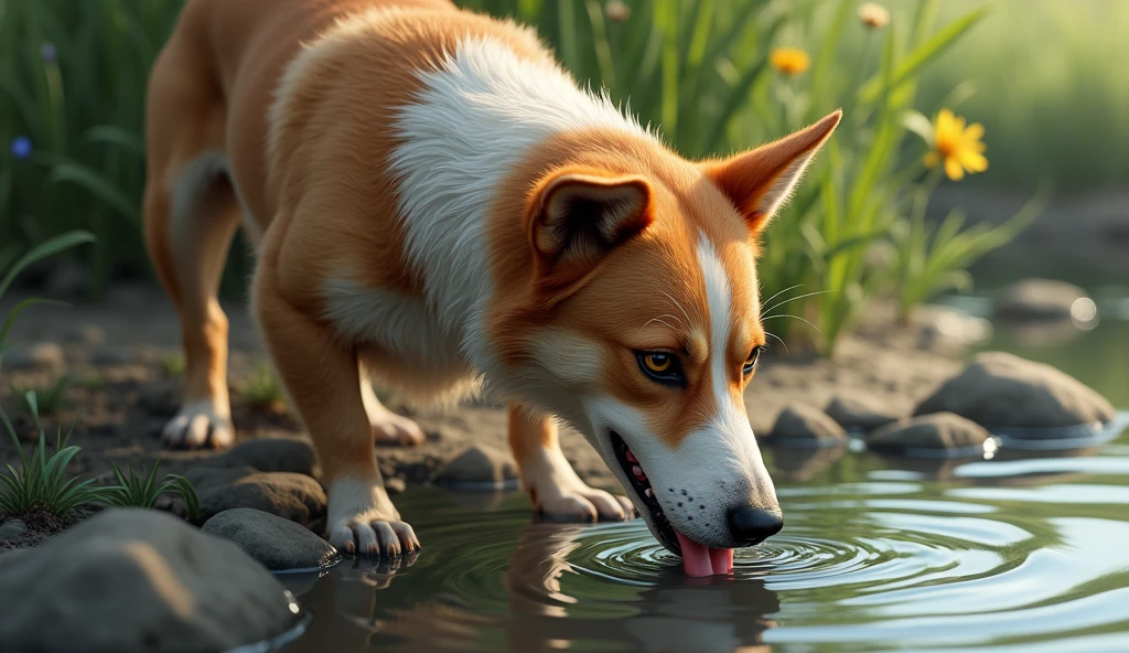 Generate a picture of a dog drinking water and make it more realistic